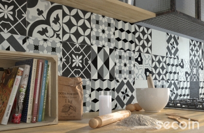 Patchwork tông đen trắng ốp tường bếp